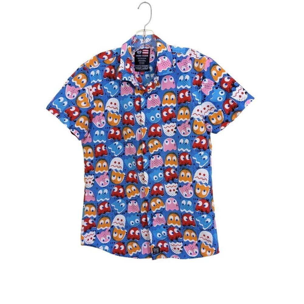 Phat Farm Mens Pac Man Button Down Shirt Size M Blue Short Sleeve Retro Novelty
